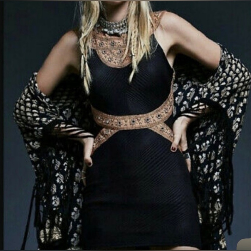NWT: Free People XS Embellished Black & Brown Dress